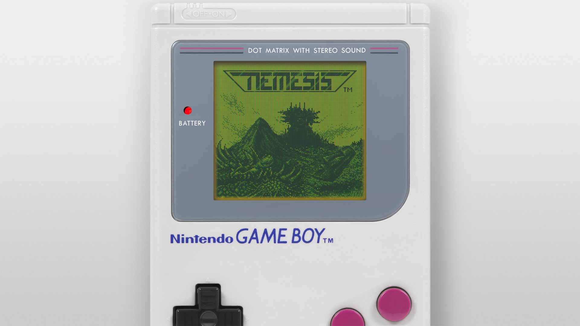 Titelbildschirm von Nemesis auf dem klassischen Nintendo Game Boy – grüne Pixelgrafik mit einem Alien-Berg im Hintergrund.