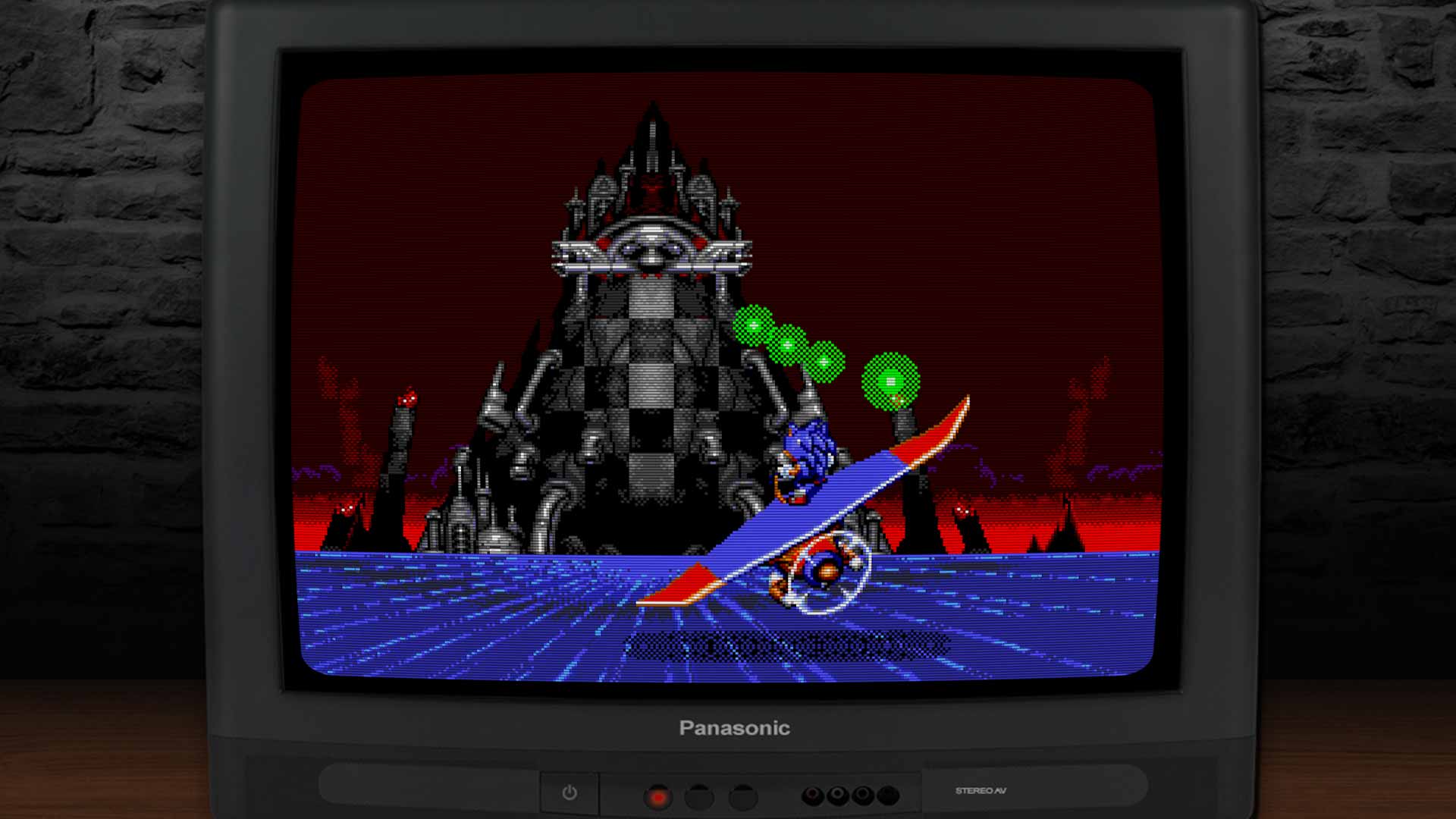 Intro-Szene von Sonic Spinball: Sonic auf einem Fluggerät vor einer düsteren Roboter-Festung.