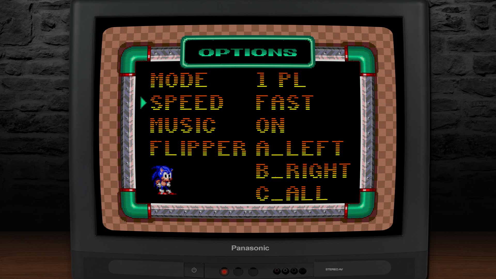 Optionsmenü von Sonic Spinball – Spielmodus, Geschwindigkeit und Steuerung auf einem klassischen Röhrenbildschirm.