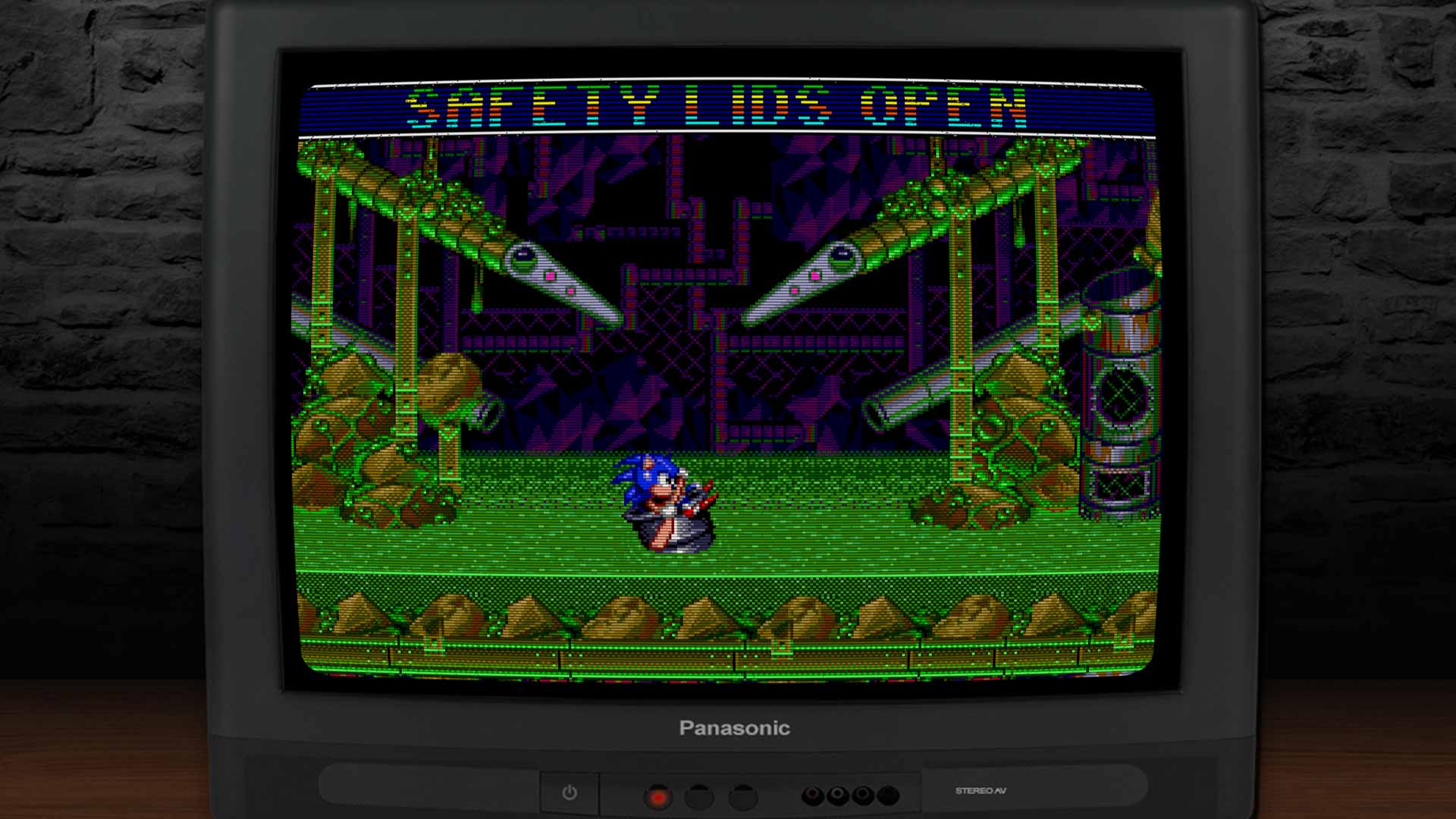 Sonic schwimmt in einem Fass aus einem See aus Säure