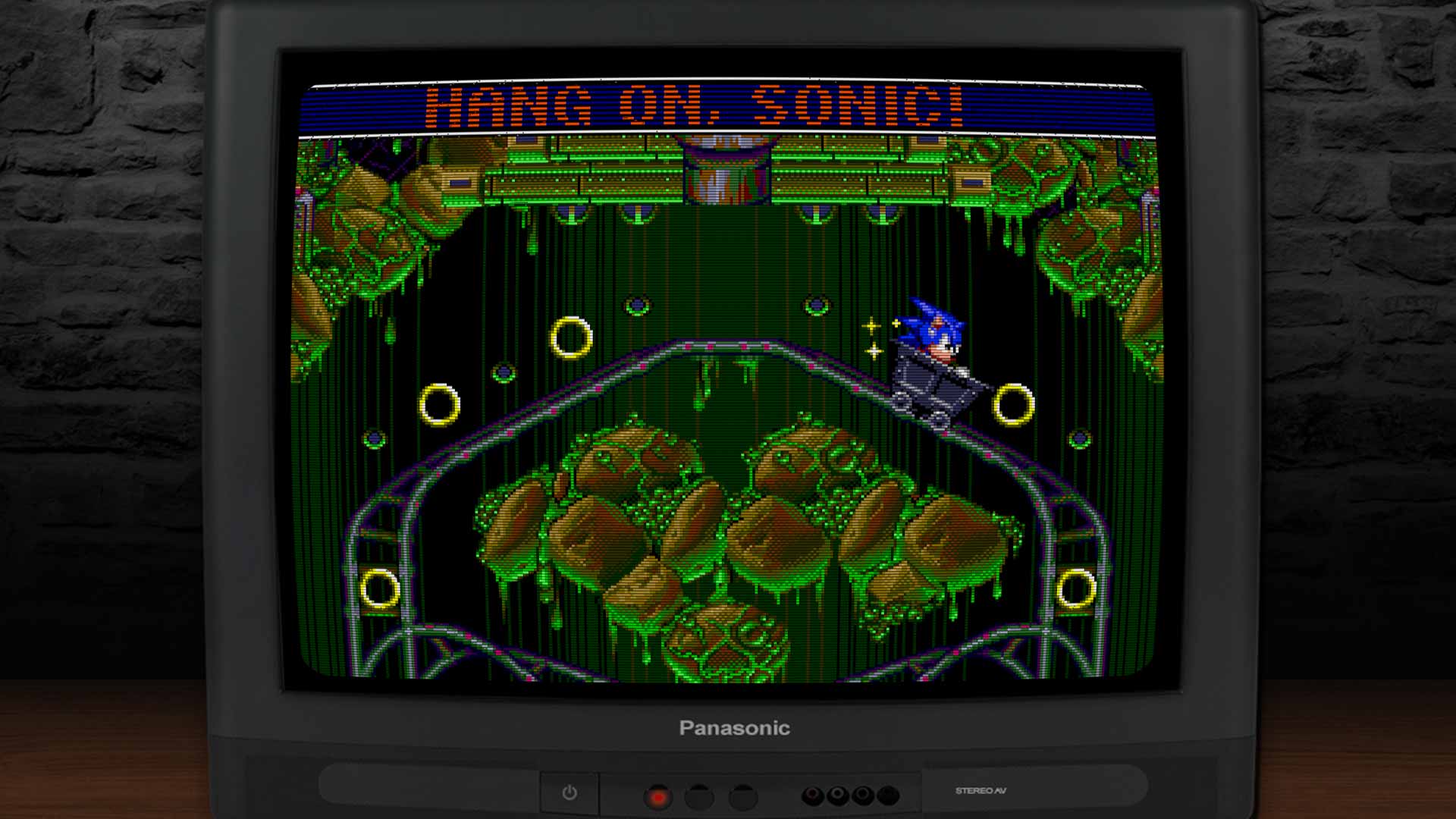 Minecart-Fahrt mit Sonic – grüne Flipperwelt mit Ringen und Achterbahn-Schienen aus Sonic Spinball.