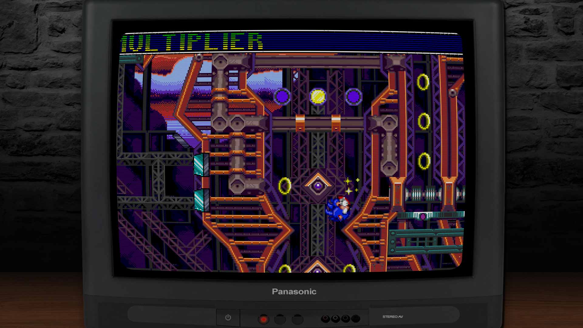 Sonic in einer vertikalen Zone – industrielle Struktur mit Plattformen und Multiplikator-Anzeige.