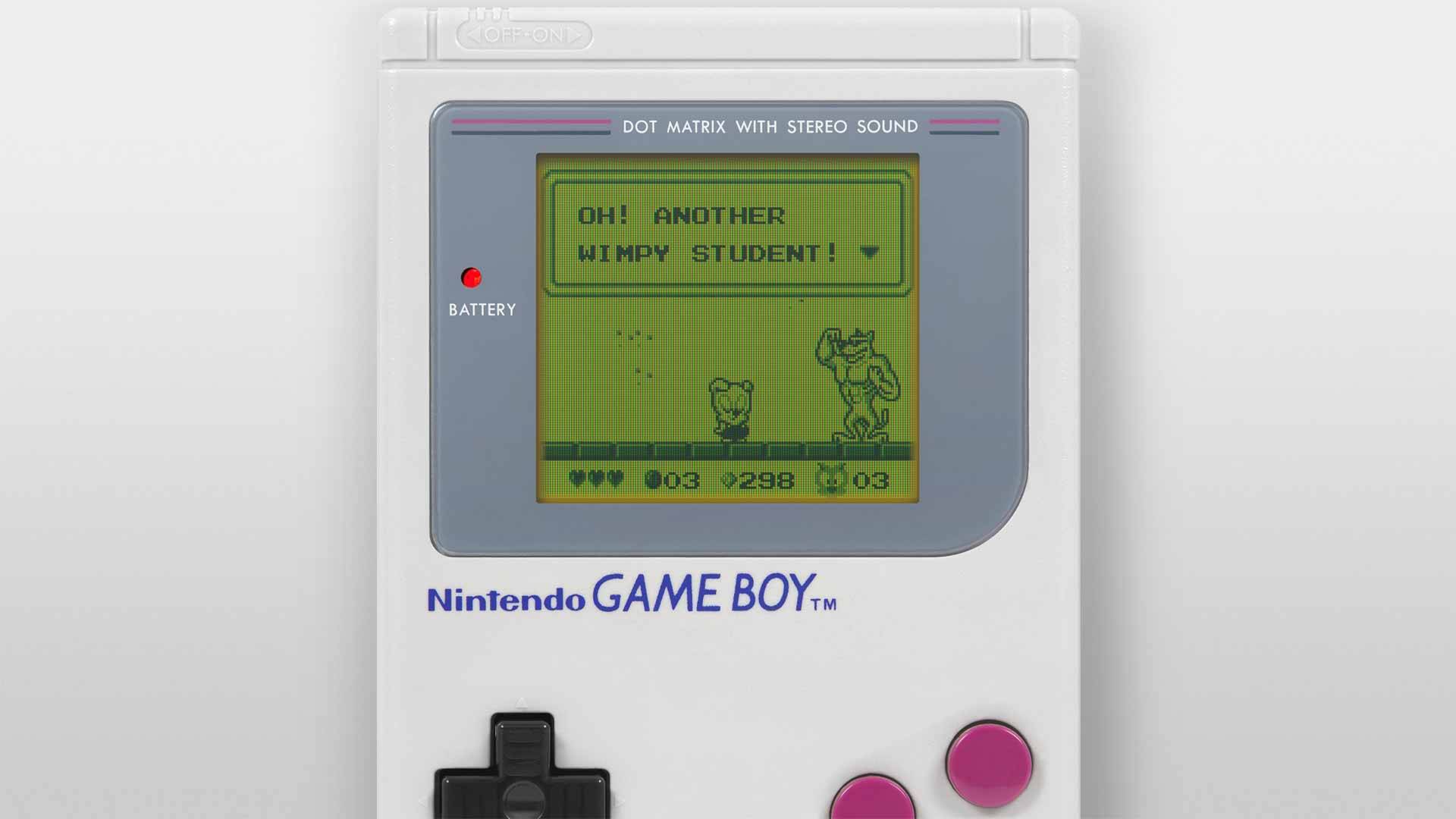 Screenshot aus dem Game-Boy-Spiel Tiny Toon Adventures: Babs' Big Break: Muskelprotz Arnold beleidigt Hamton