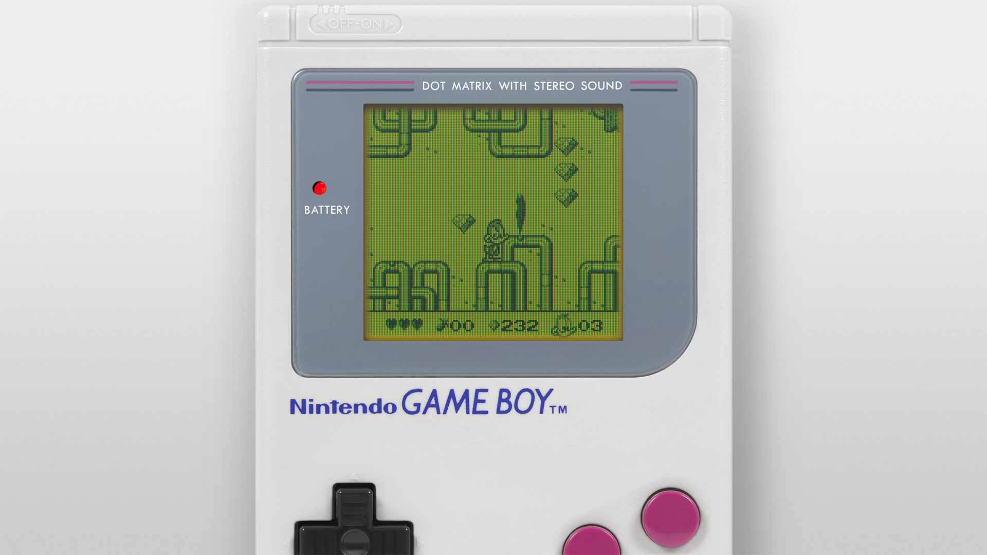 Screenshot aus dem Game-Boy-Spiel Tiny Toon Adventures: Babs' Big Break mit Plucky Duck, der auf Röhren steht und Gegnern ausweicht.