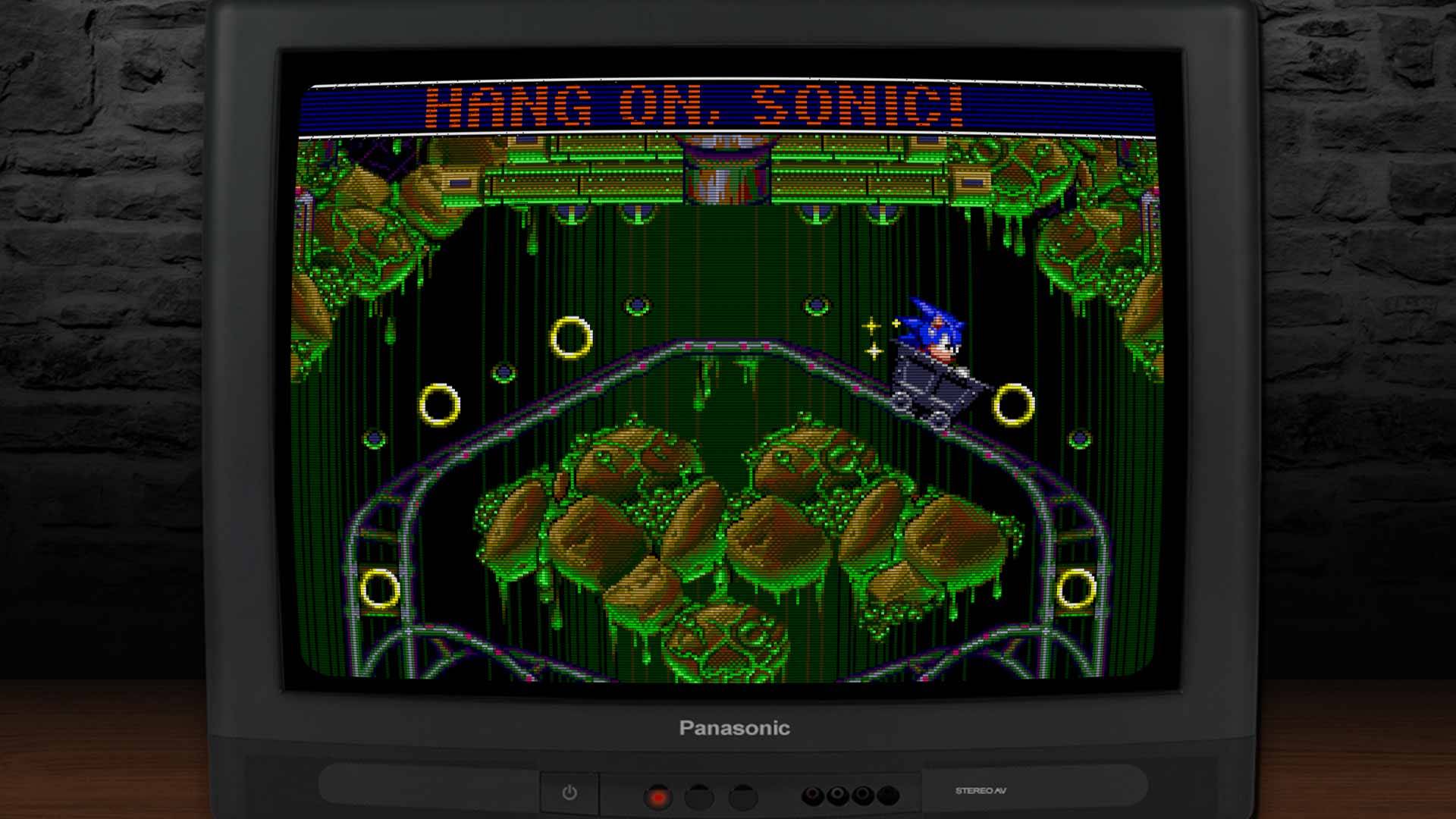 Minecart-Fahrt mit Sonic – grüne Flipperwelt mit Ringen und Achterbahn-Schienen aus Sonic Spinball.