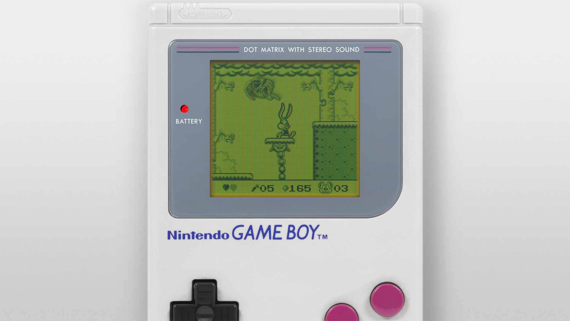 Screenshot aus dem Game-Boy-Spiel Tiny Toon Adventures: Babs' Big Break: Buster steht auf einer sich bewegenden Platform im grusel Wald