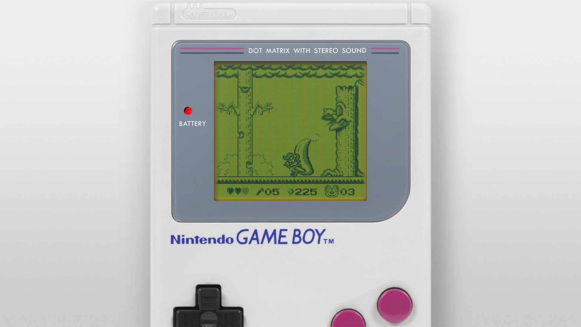 Screenshot aus dem Game-Boy-Spiel Tiny Toon Adventures: Babs' Big Break: Fifi setzt ihren Duft gegen einen riesigen Monster-Baum ein der den Weg versperrt