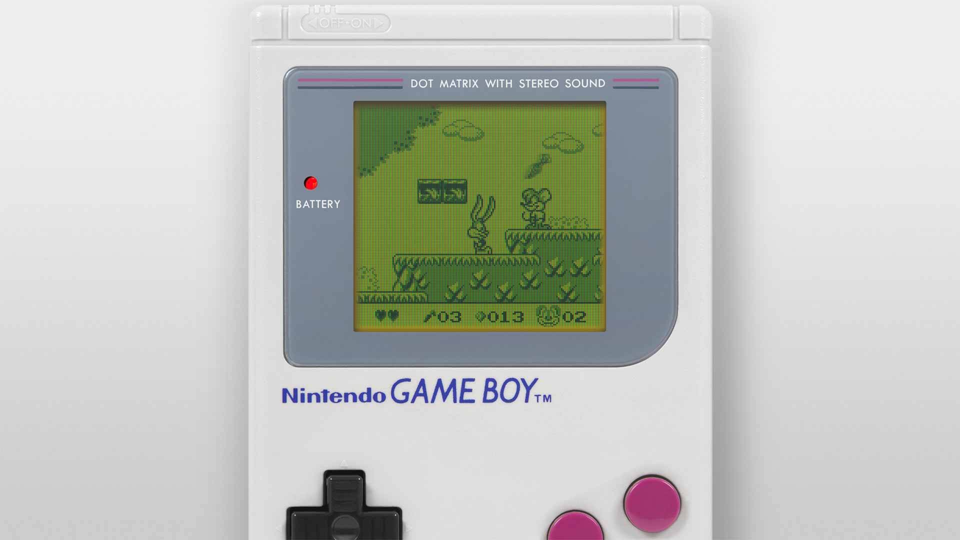 Gameplay screenshot from the Game Boy game Tiny Toon Adventures: Babs' Big Break featuring Buster Bunny on a grassy platform area and a standard enemy.