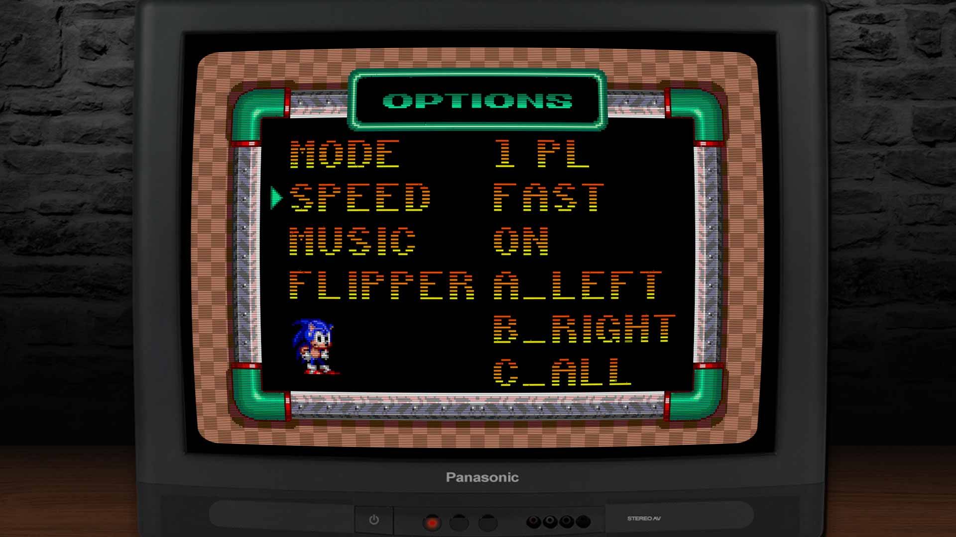 Optionsmenü von Sonic Spinball – Spielmodus, Geschwindigkeit und Steuerung auf einem klassischen Röhrenbildschirm.