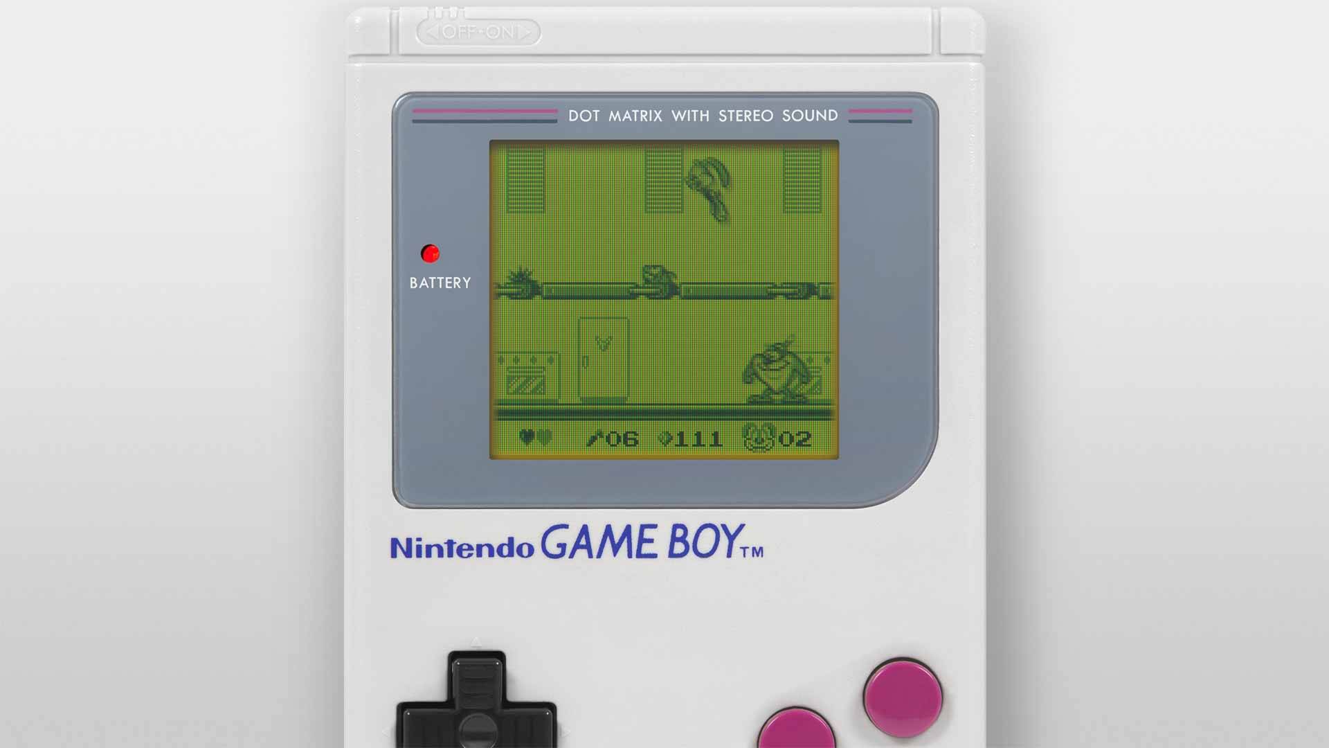 Screenshot aus dem Game-Boy-Spiel Tiny Toon Adventures: Babs' Big Break: Buster Bunny hüpft auf Plattformen um Dizzy Devil zu füttern