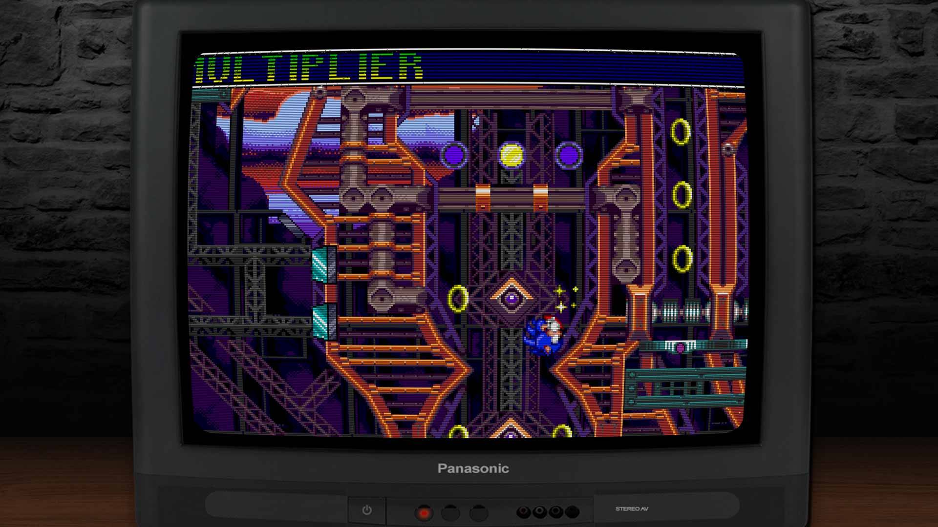 Sonic in einer vertikalen Zone – industrielle Struktur mit Plattformen und Multiplikator-Anzeige.