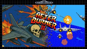 Beitragsbild von After Burner II für das Sega Mega Drive: Kampfjet mit Totenschädel im Cockpit fliegt durch Explosionen, Übergang von gezeichneter Action-Szene zu pixeliger Ingame-Grafik