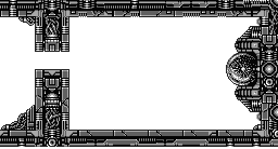 Boss-Arena aus dem Game-Boy-Spiel Nemesis – biomechanischer Raum mit technischen Verzierungen, rechteckigem Layout und pulsierendem Energiekern auf der rechten Seite