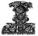 Endgegner-Sprite"Reckless" aus dem Game-Boy-Spiel Nemesis – mechanische Säulenstruktur mit zentralem Energiekern, rotierenden Elementen und Geschützen