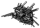 Sprite des Endgegners"Striker" aus dem Game-Boy-Spiel Nemesis – asymmetrisches, stacheliges Raumschiff mit zahlreichen Geschützen und Ausleger