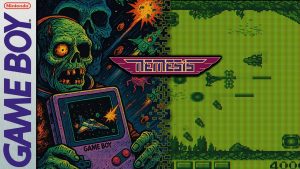 Featured image for the Game Boy review of Nemesis, showing a zombie holding a Game Boy with a space shooter on the screen, combined with pixelated in-game graphics on a green display background.