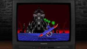 Intro-Szene von Sonic Spinball: Sonic auf einem Fluggerät vor einer düsteren Roboter-Festung.