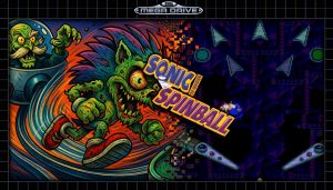 Beitragsbild zu Sonic Spinball mit einer wilden Zombie-Version von Sonic, die durch ein Flipperfeld jagt. Rechts ist ein Screenshot des Spiels mit Sonic in einer Pinball-Arena zu sehen.