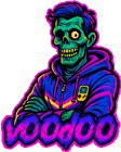 Neonfarbiger Zombie im Retro-Stil mit Game-Boy-Sweater und verschränkten Armen, darunter das Schriftlogo „v00d00“