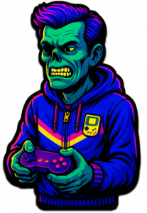Roger Wilco als Neonfarbiger Zombie, mit violett-blauer GameBoy-Trainingsjacke und Gamepad, mit angestregtem Blick.