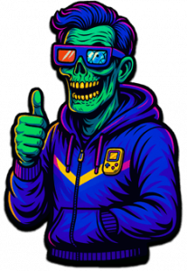 Roger Wilco als neonfarbener Zombie mit Daumen-hoch-Geste und Gameboy-Pullover