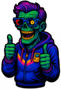 Roger Wilco als neonfarbener Zombie,mit zerstörter 3D-Brille und Game Boy Hoodie, zeigt beide Daumen hoch und ist sehr begeistert.
