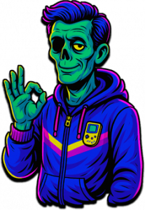 Roger Wilco als neonfarbener Zombie mit OK-Geste und Gameboy-Pullover