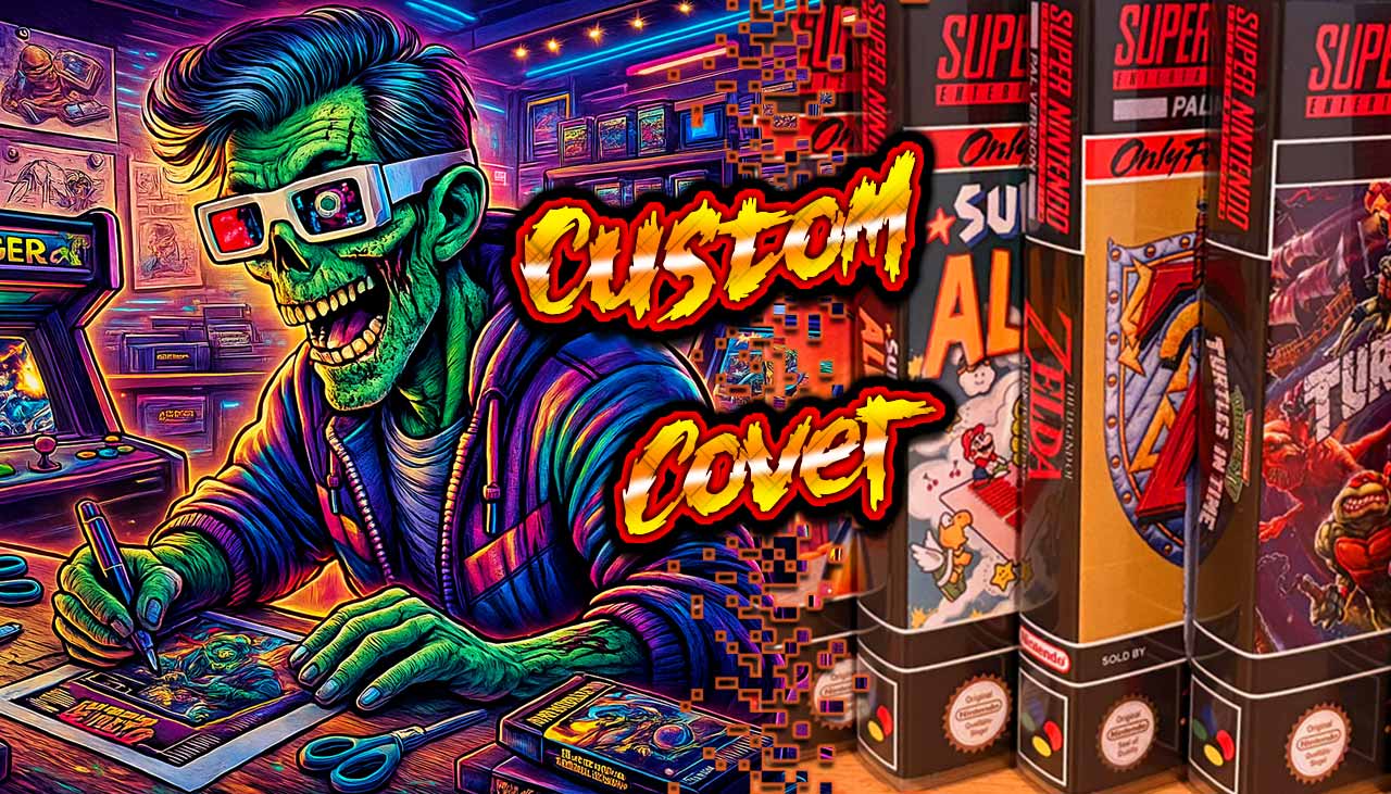 Neonfarbiger Zombie im 80er-Stil entwirft individuelle SNES-Cover – links Retro-Spielhalle, rechts Custom-Verpackungen von Super Nintendo-Spielen wie Zelda und Turtles in Time. Schriftzug: ‚Custom Cover‘