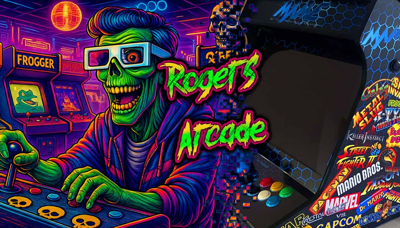 Neonfarbiger Zombie spielt an einem Arcade-Automaten in einer Retro-Spielhalle – rechts im Bild ein selbstgebauter DIY-Automat mit Spiele-Logos wie Street Fighter, Metal Slug und Pac-Man. Schriftzug: ‚Rogers Arcade