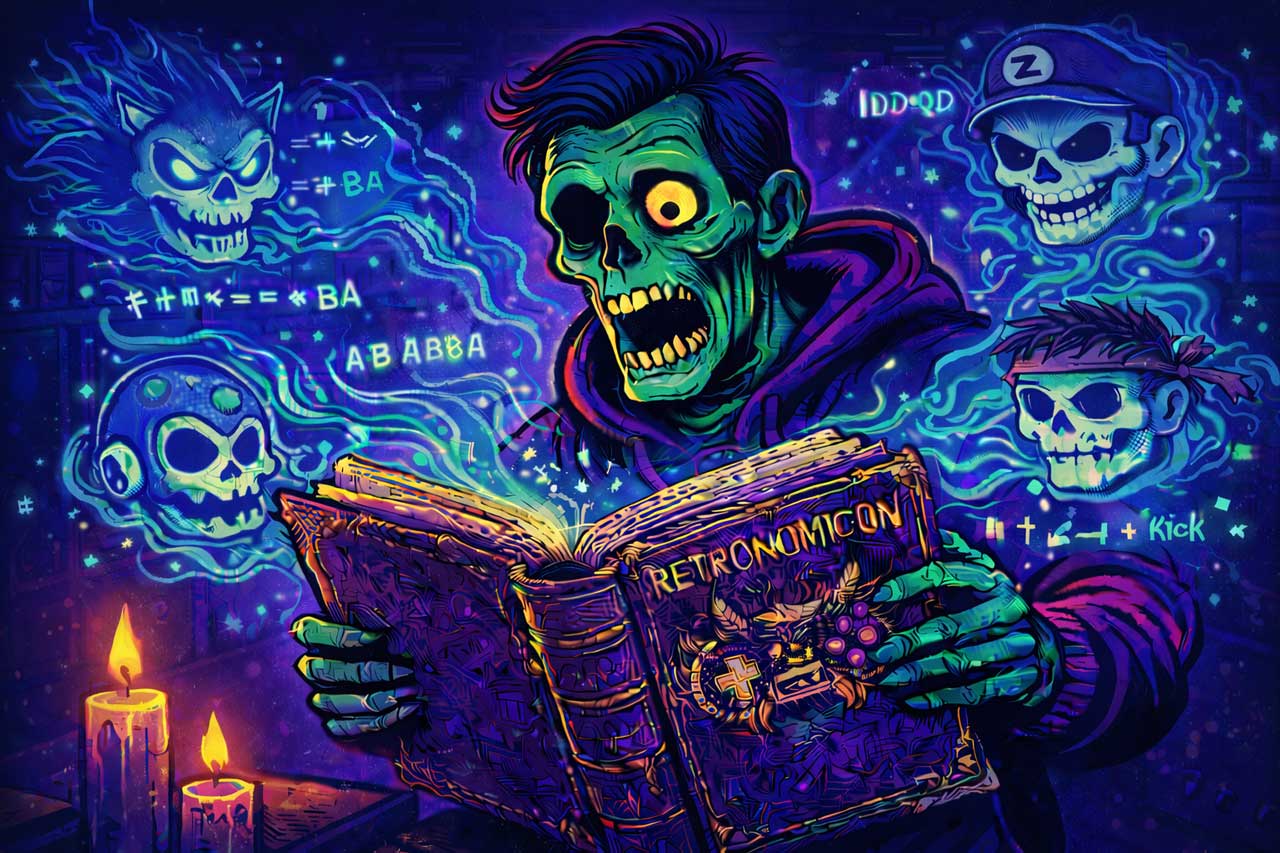 Zombiehafter Gamer liest das mystische ‚Retronomicon‘, umgeben von geisterhaften Schädeln klassischer Videospiel-Ikonen und schwebenden Cheat-Codes in neonfarbener Horror-Arcade-Atmosphäre.
