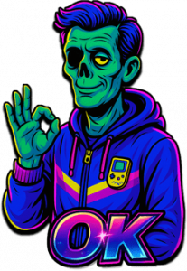 Roger Wilco als neonfarbener Zombie mit OK-Geste und Gameboy-Pullover