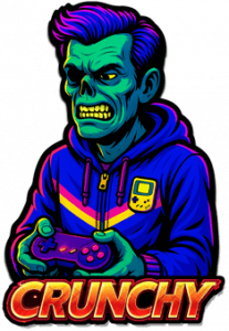 Roger Wilco als Neonfarbiger Zombie, mit violett-blauer GameBoy-Trainingsjacke und Gamepad, mit angestregtem Blick.