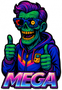 Roger Wilco als neonfarbener Zombie,mit zerstörter 3D-Brille und Game Boy Hoodie, zeigt beide Daumen hoch und ist sehr begeistert.