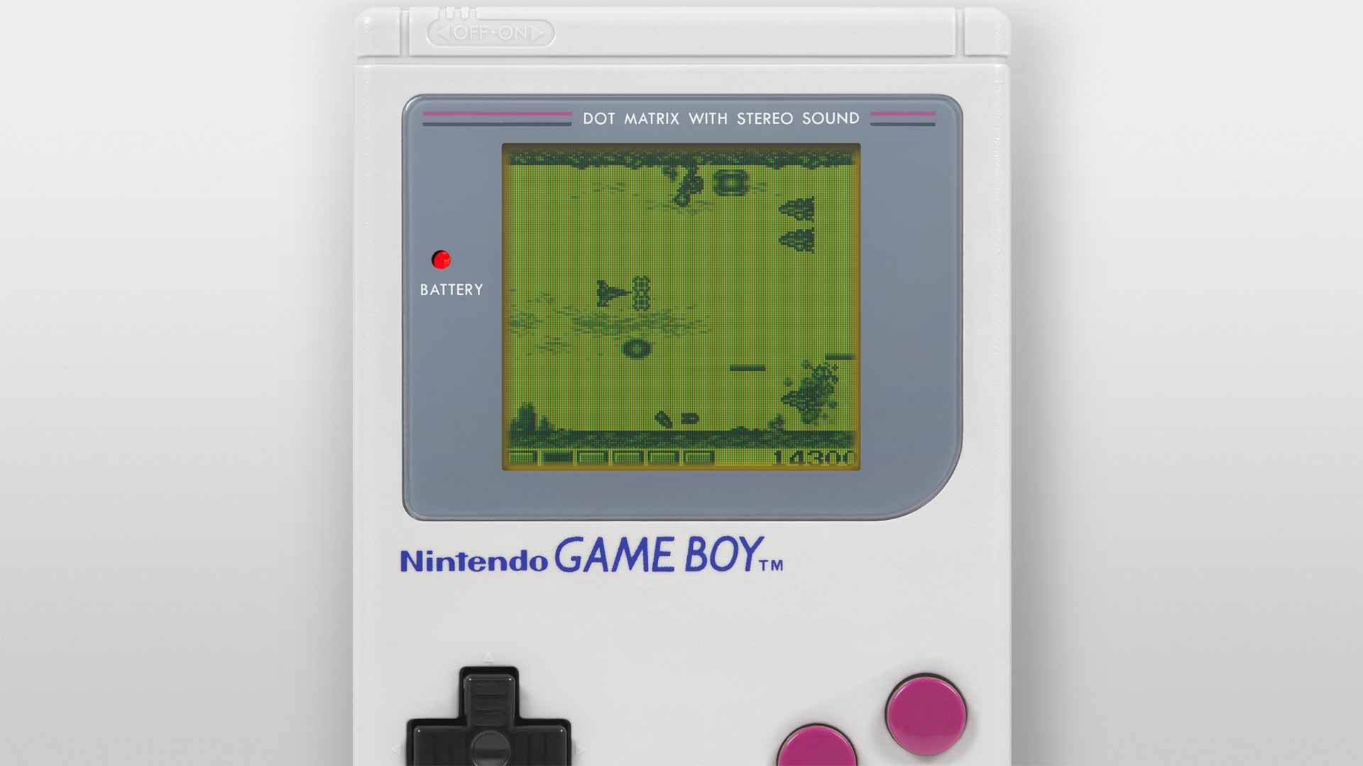 Spielszene aus Nemesis auf dem Game Boy – das Raumschiff greift große Gegnerformationen an