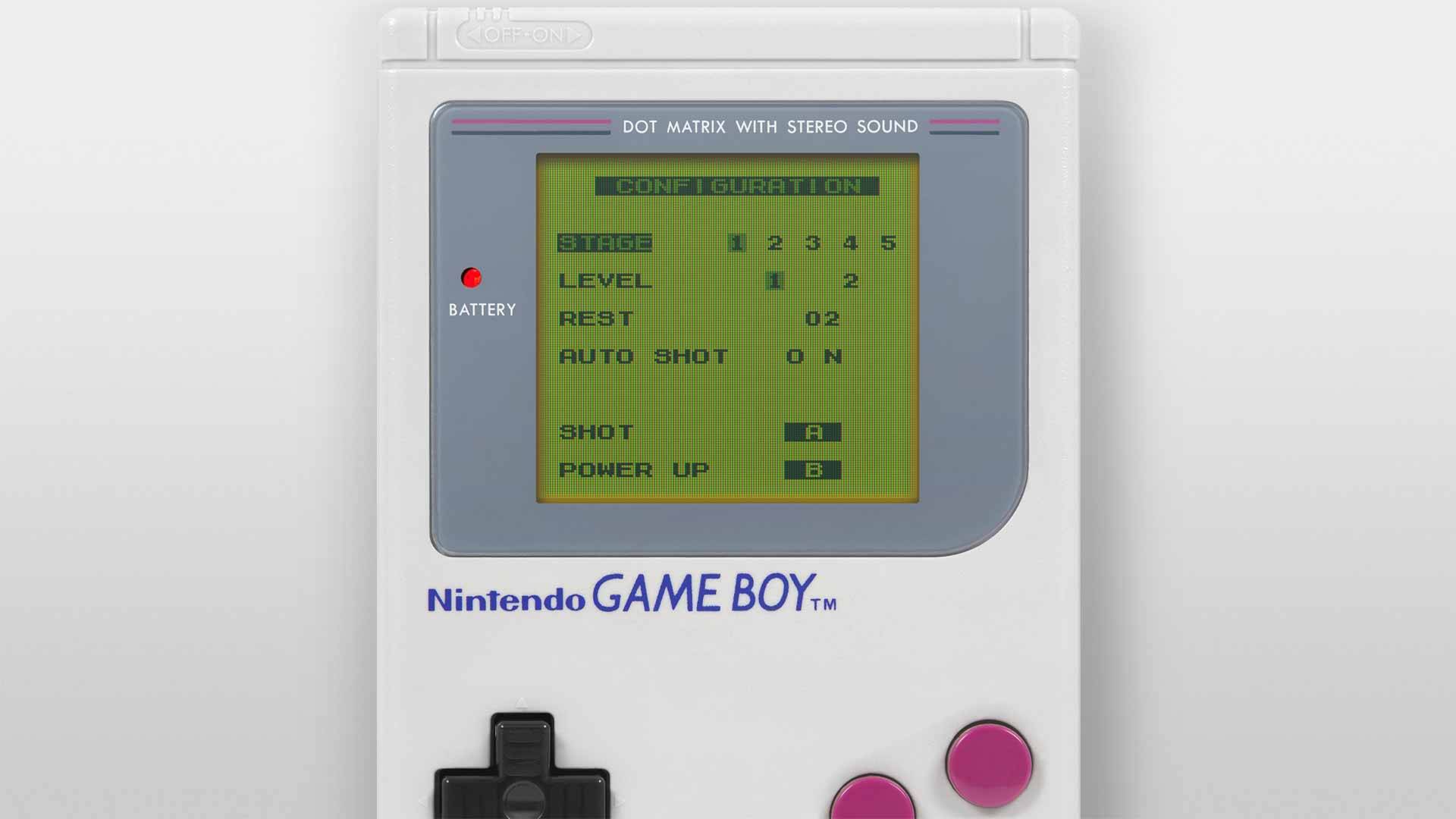 Konfigurationsbildschirm von Nemesis auf dem Game Boy – Schwierigkeitsgrad, Levelauswahl und Steuerungseinstellungen werden angezeigt.